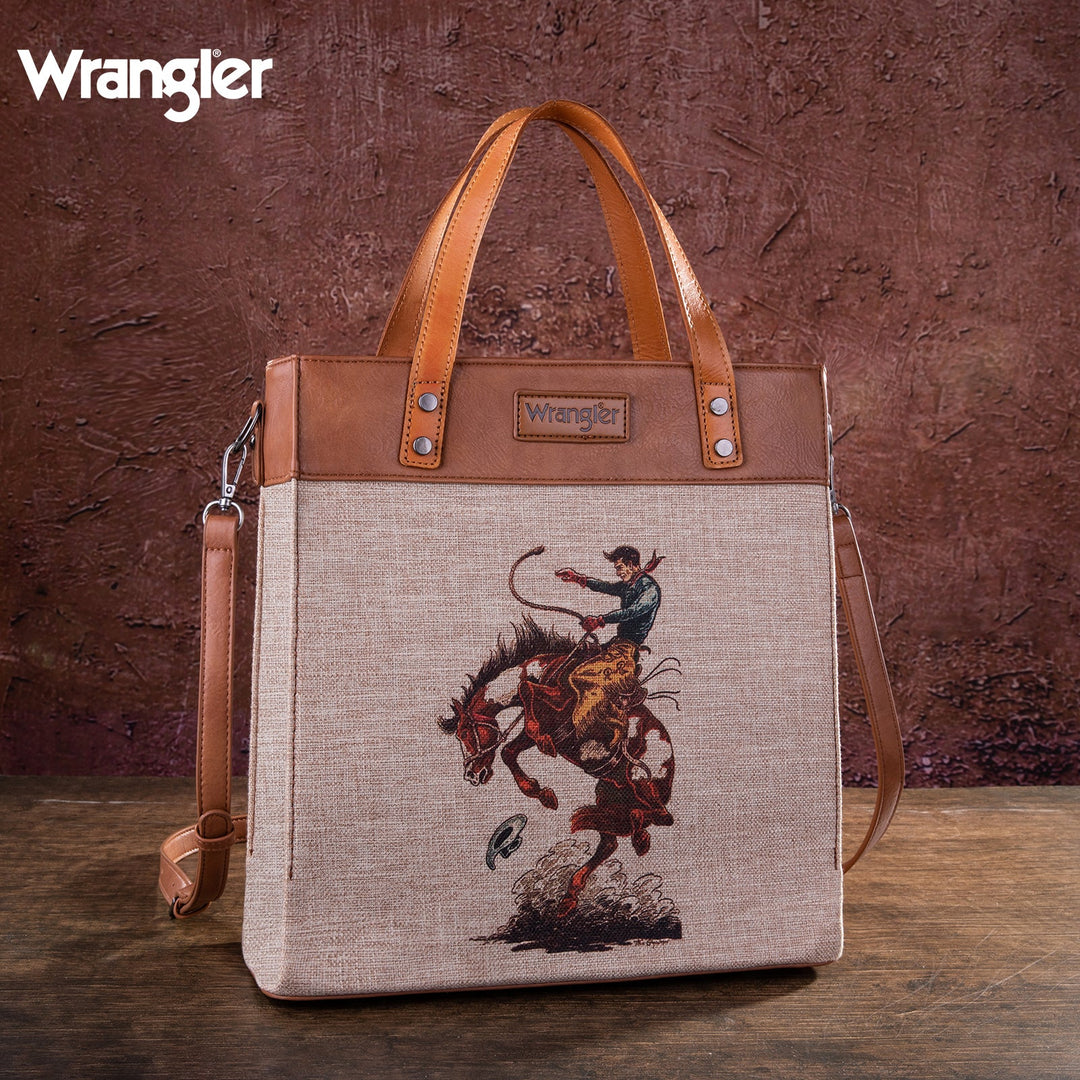 Wrangler Art Print Canvas Tote/Crossbody- Tan