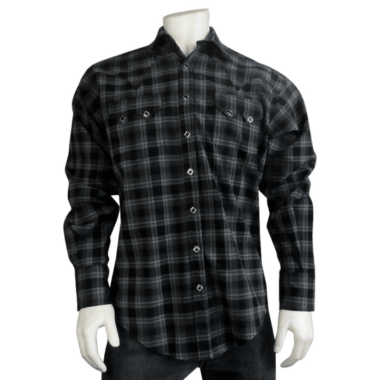 Rockmount-Mens-Black-Grey-Brushed-Plaid-WesternShirt-Front-4hooves
