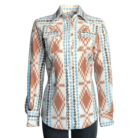 Rockmount-Womens-Flannel-Jacquard-Western-Shirt- Ivory-Brown-Front-4hooves