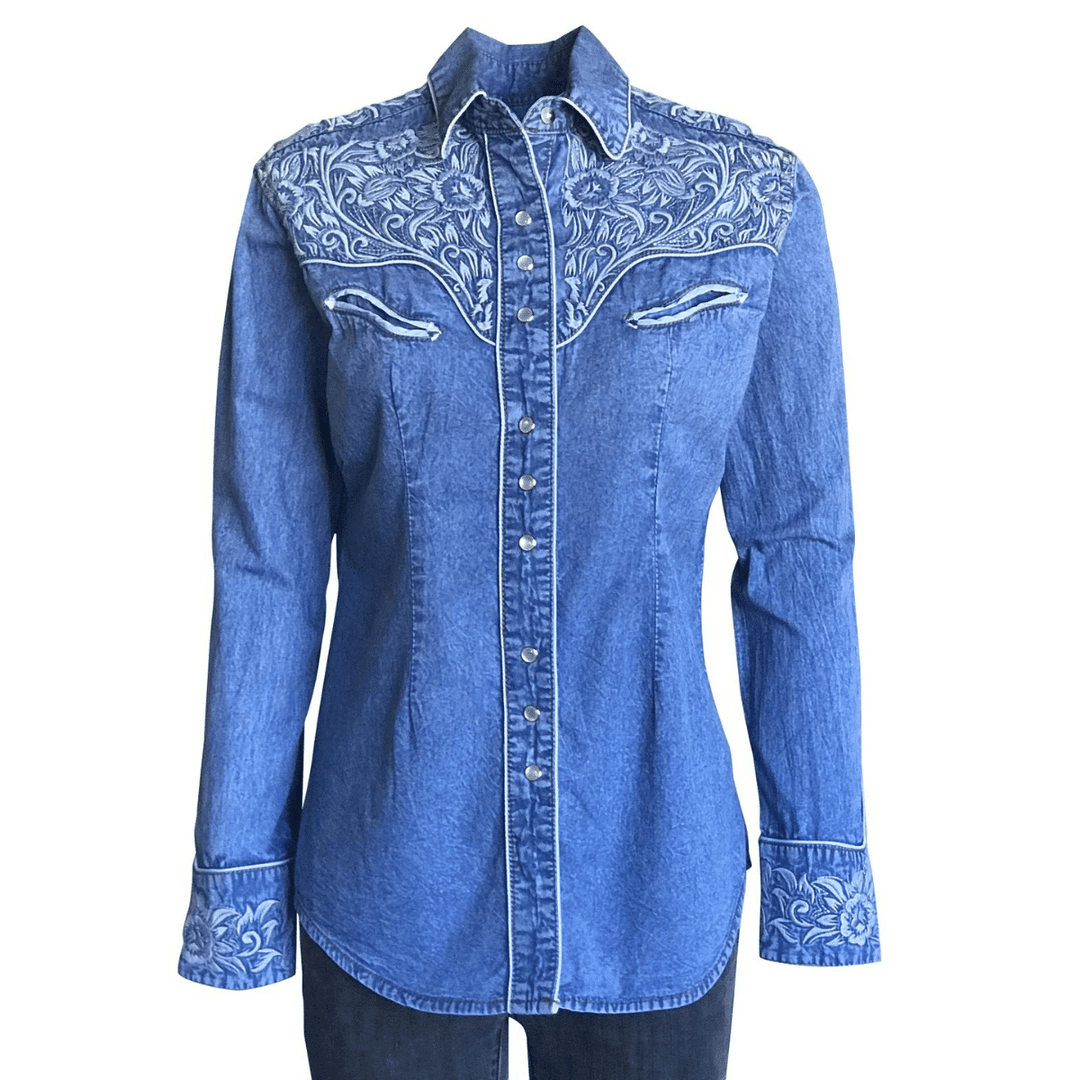 Rockmount-Womens-Vintage-Tooling-Embroidery-Denim-Blue-Western-Shirt-Front-4hooves