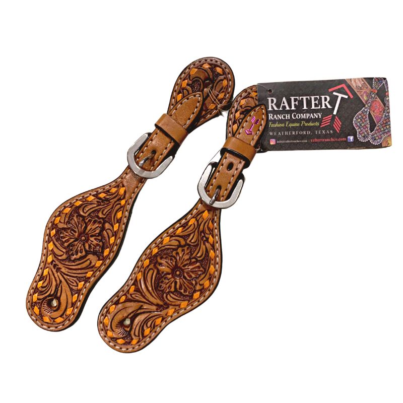 rafter-t-spur-straps-kids-length-floral-tooling-orange-buckstitching-4hooves